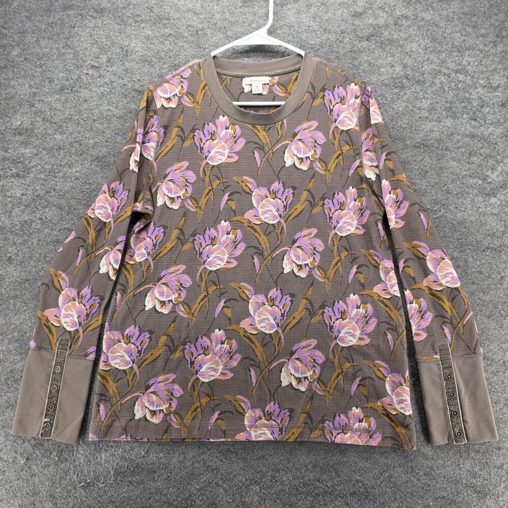 Sundance T-Shirt Womens XL Brown Floral Thermal Knit Long Sleeve Buttons